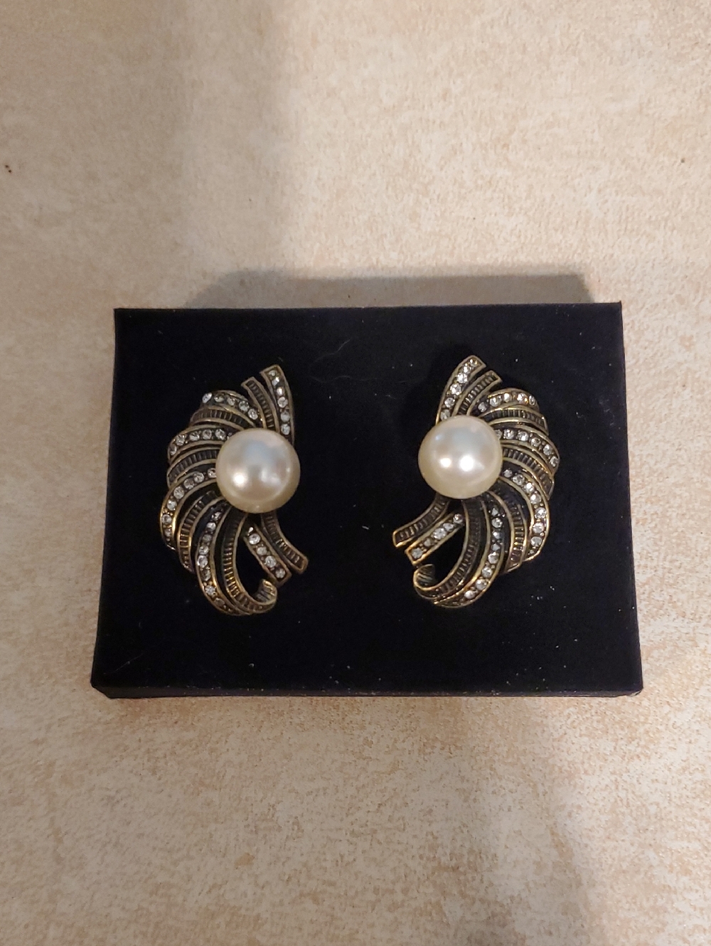 Avon Gold-Tone Faux Pearl and Rhinestone Swirl Clip Earrings